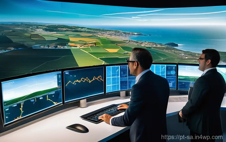 스마트 그리드와 에너지 인프라의 혁신적 변화 - **Prompt:** An ultra-modern energy control room, bathed in soft, cool blue and green ambient lightin...