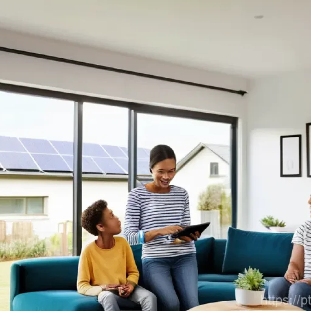스마트 그리드 기술의 발전에 따른 사회적 변화 - **Prompt:** A cozy, modern family living room filled with natural light. A diverse family – a mother...
