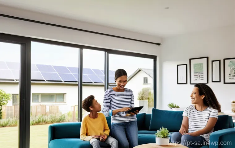 스마트 그리드 기술의 발전에 따른 사회적 변화 - **Prompt:** A cozy, modern family living room filled with natural light. A diverse family – a mother...
