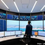 스마트 그리드 기술의 주요 기업 및 투자 현황 - A modern smart grid control center in Lisbon, Portugal, featuring large digital screens displaying r...