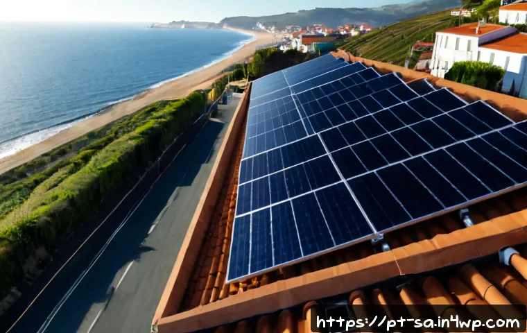 Home 17 스마트 그리드 기술의 기후 변화 적응 전략 - Photorealistic aerial view of a coastal Portuguese town adapting to climate change, smart electrical...